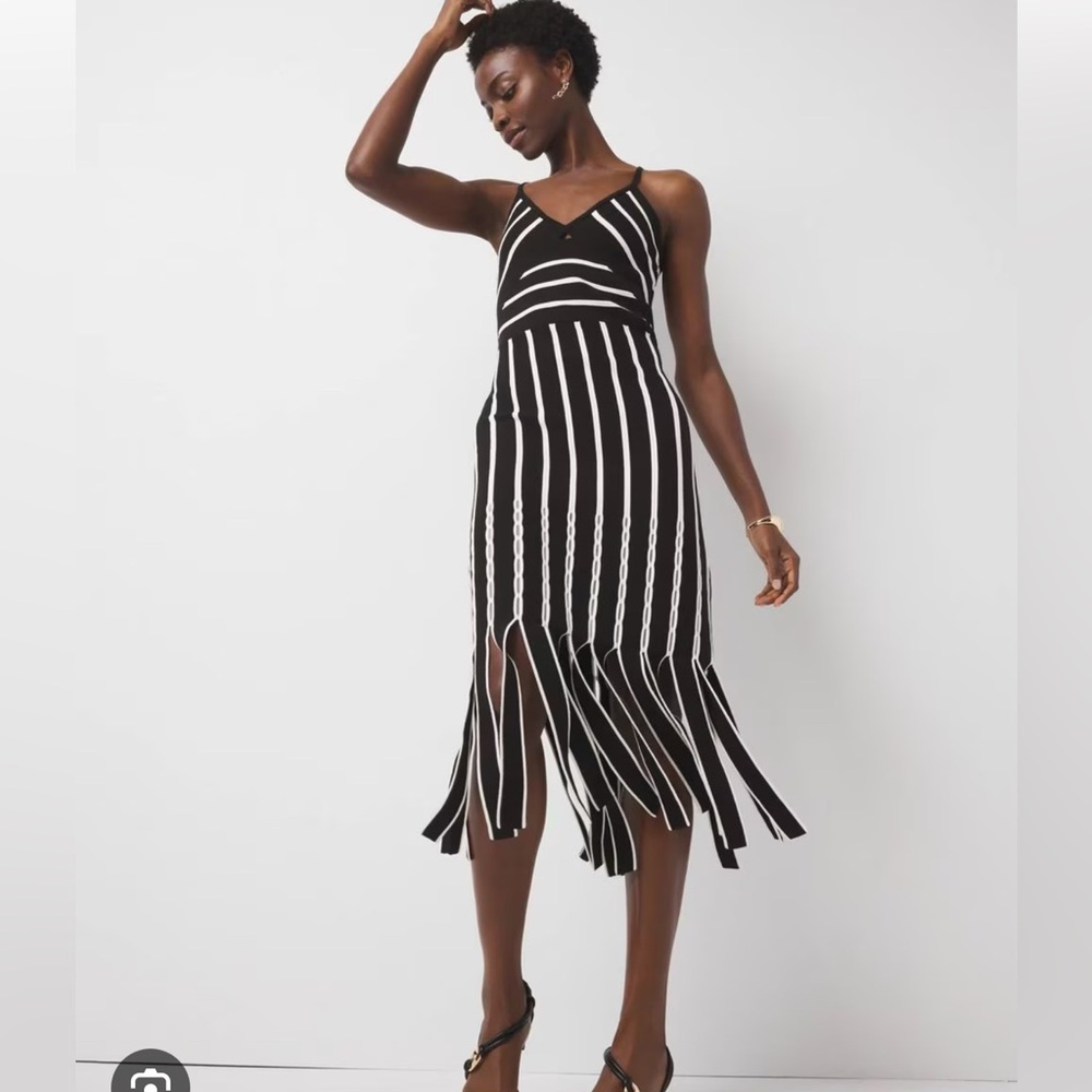 WHBM Halter Sweater Dress with Fringe Rail stripe black M